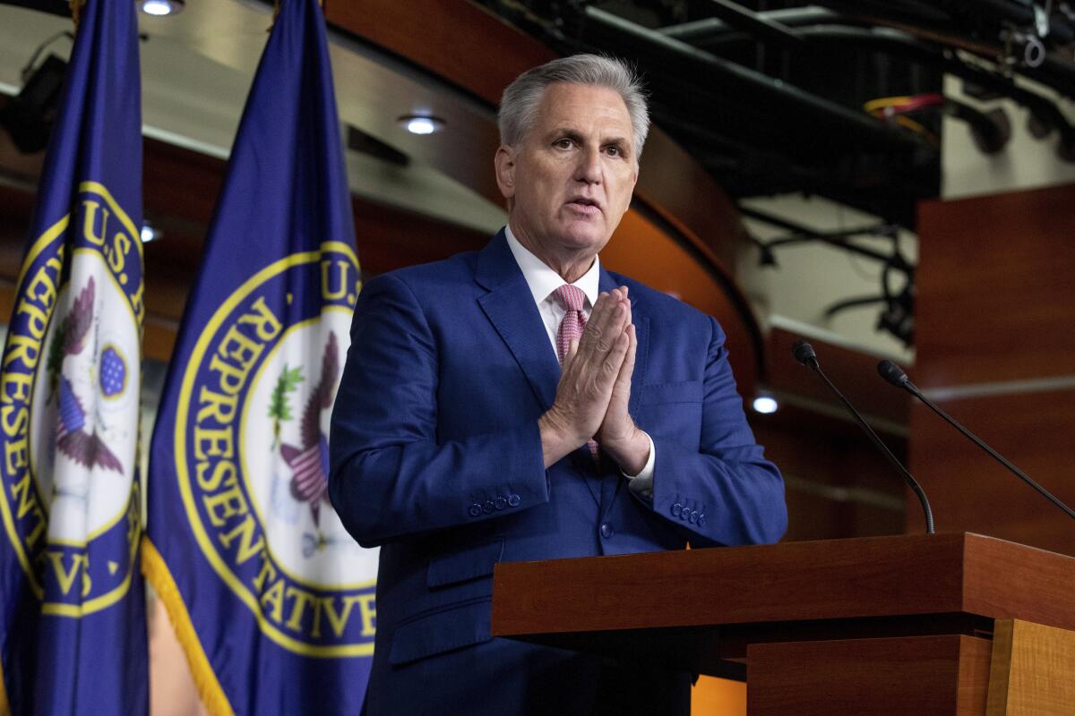 House Minority Leader Kevin McCarthy speaks to reporters during a news conference 