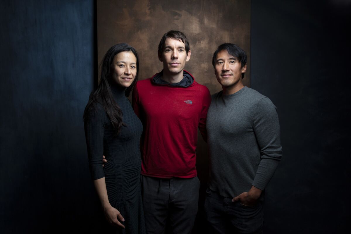 Director Chai Vaserhelyi, subject Alex Honnold, and director Jimmy Chin, from the film "Free Solo."