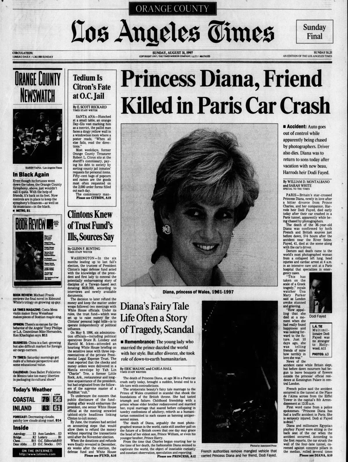 A 1997 Los Angeles Times newspaper clipping, chronicling the death of Princess Diana