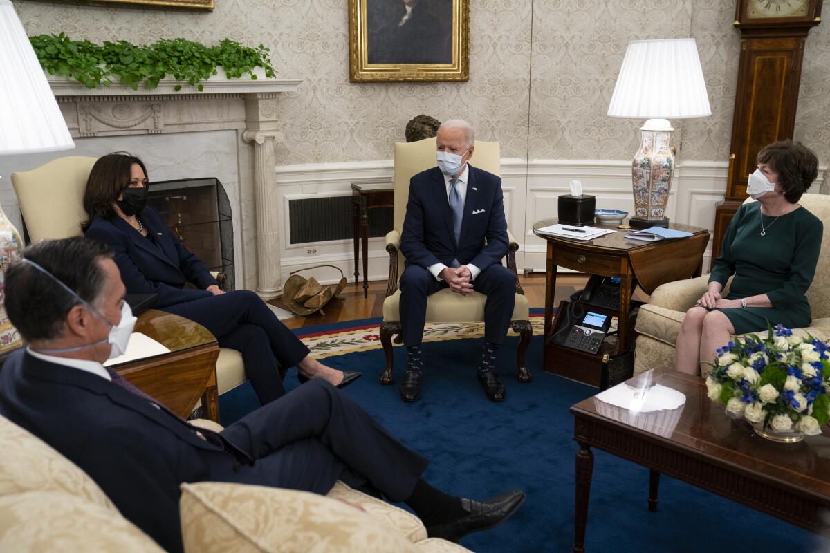 President Joe Biden and Vice President Kamala Harris meet with Sen. Mitt Romney and Sen. Susan Collins.