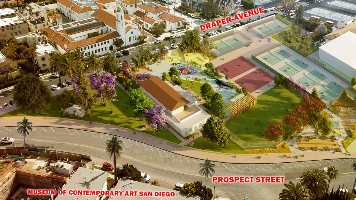 The proposed transformation of La Jolla Recreation Center (middle) is shown in an artist's rendering, with Prospect Street in the front. La Jolla Presbyterian Church is located across from the Rec Center on Draper Avenue, with the Museum of Contemporary Art San Diego located across the Rec Center on Prospect Street.
