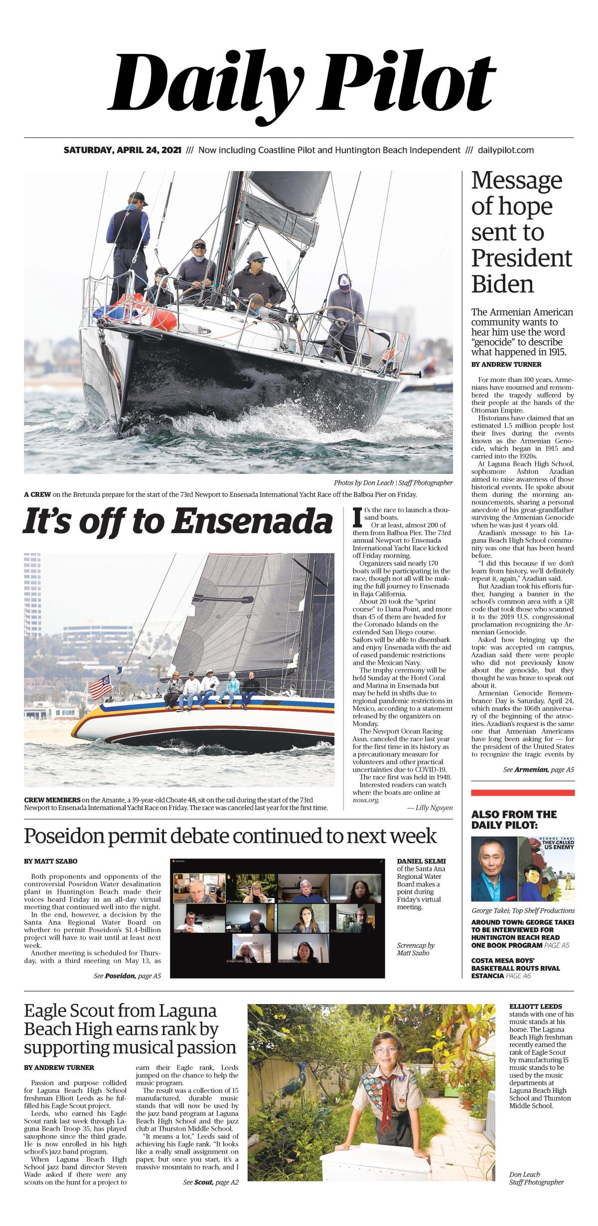 Front page of Daily Pilot e-newspaper for Saturday, April 24, 2021.