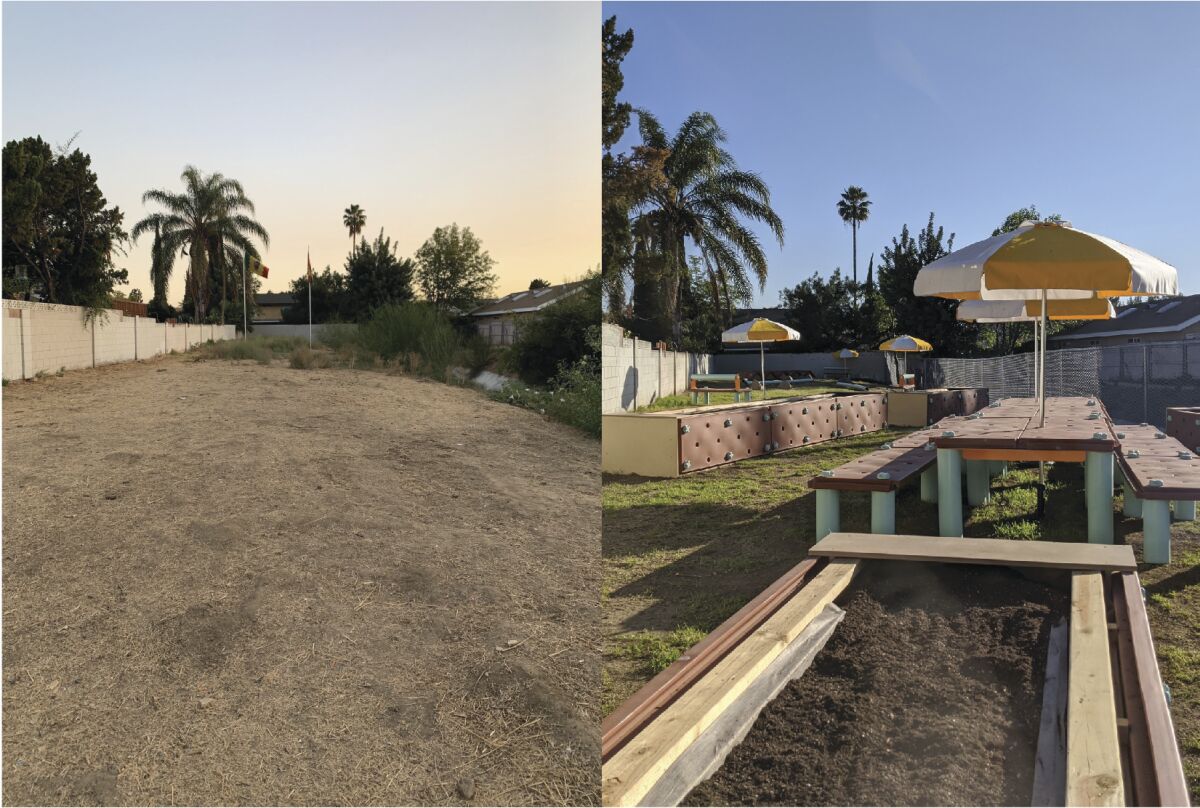 Before-and-after photos of a park designed as part of the Adopt-A-Lot pilot program.