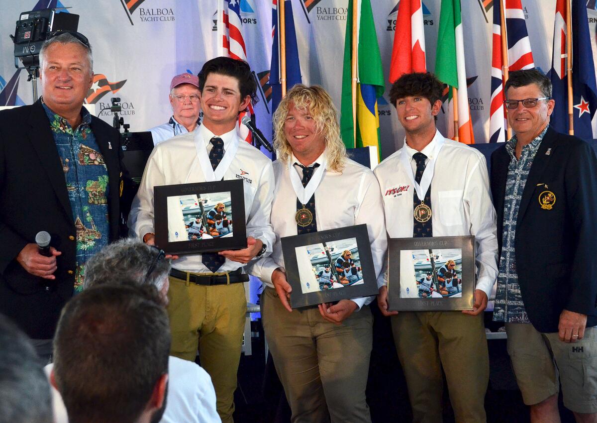 Winners of the 56th Governor's Cup Jeffrey Petersen, Max Brennan and Enzo Menditto during the awards ceremony on Saturday.