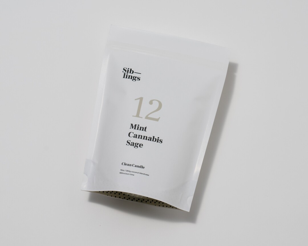 White packaging with black lettering that says "Siblings 12 Mint Cannabis Sage"