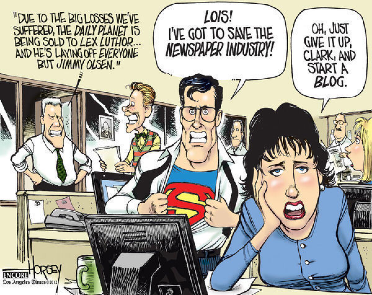 In this 2009 cartoon, David Horsey calls on the world's most famous newsman, Clark Kent, to rescue newspapers.