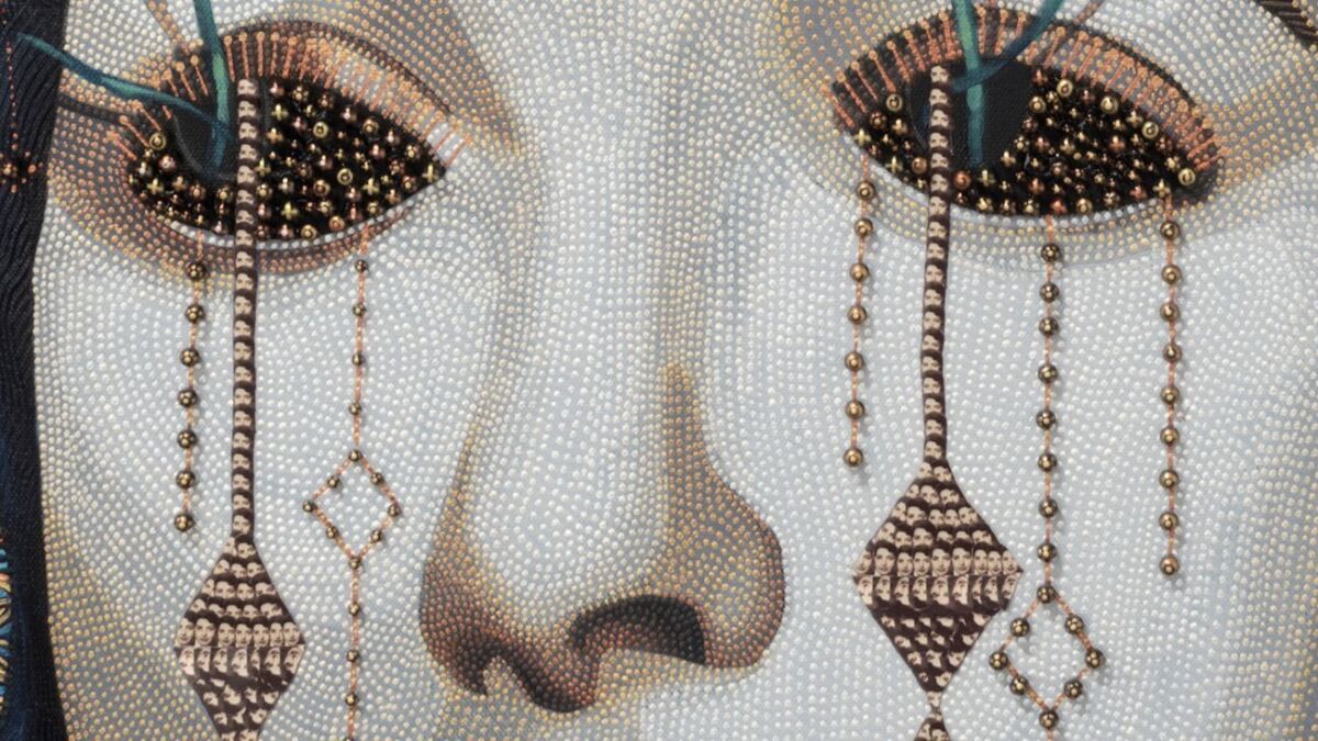 Detail of the acrylic, pins and photo collage that make up "Les Femmes d'Alger, #V" by Asad Faulwell.