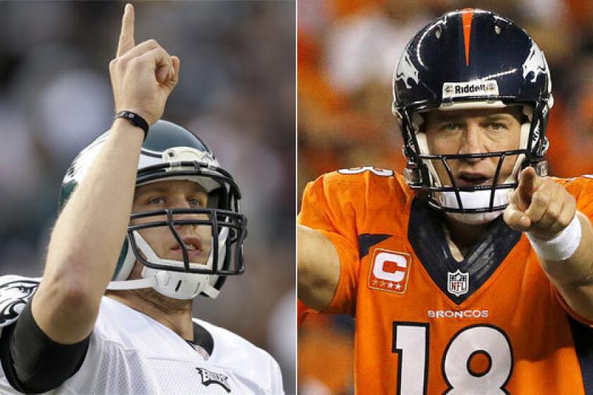 Philadelphia's Nick Foles, left, and Denver's Peyton Manning each have seven-touchdown games this season.