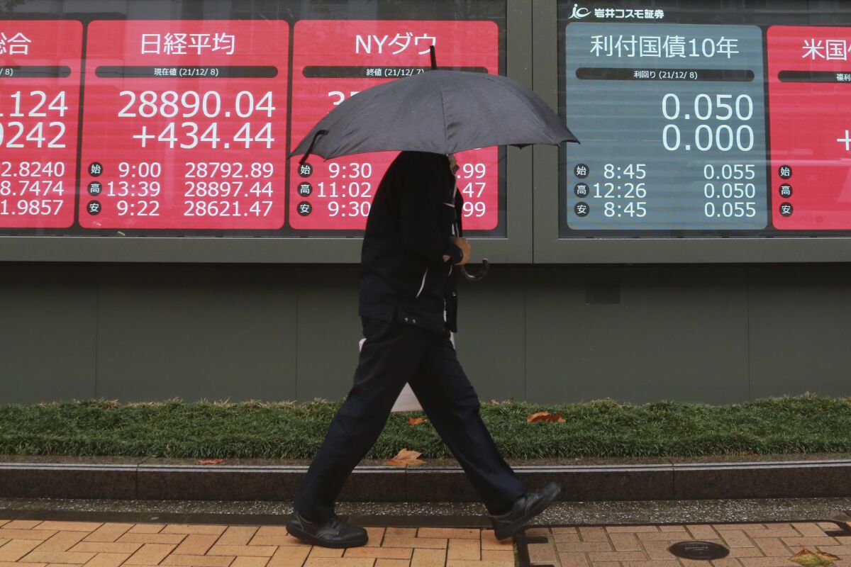 A man walks by an electronic stock board of a securities firm in Tokyo, Wednesday, Dec. 8, 2021. Stocks advanced Wednesday in Asia after another broad rally on Wall Street as investors wagered that the new variant of the COVID-19 virus won’t pose a big threat to the economy. (AP Photo/Koji Sasahara)