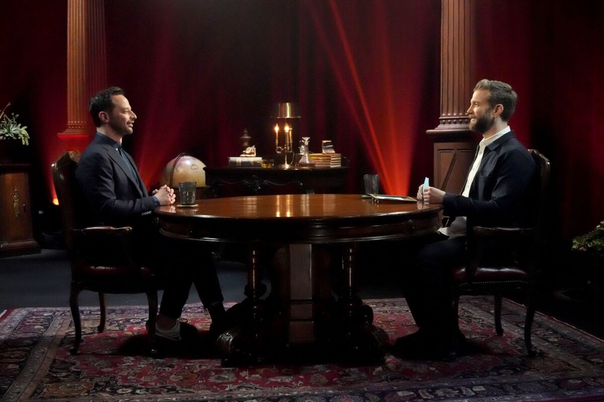 Nick Kroll, left, and Anthony Jeselnik in "Good Talk With Anthony Jeselnik" on Comedy Central.