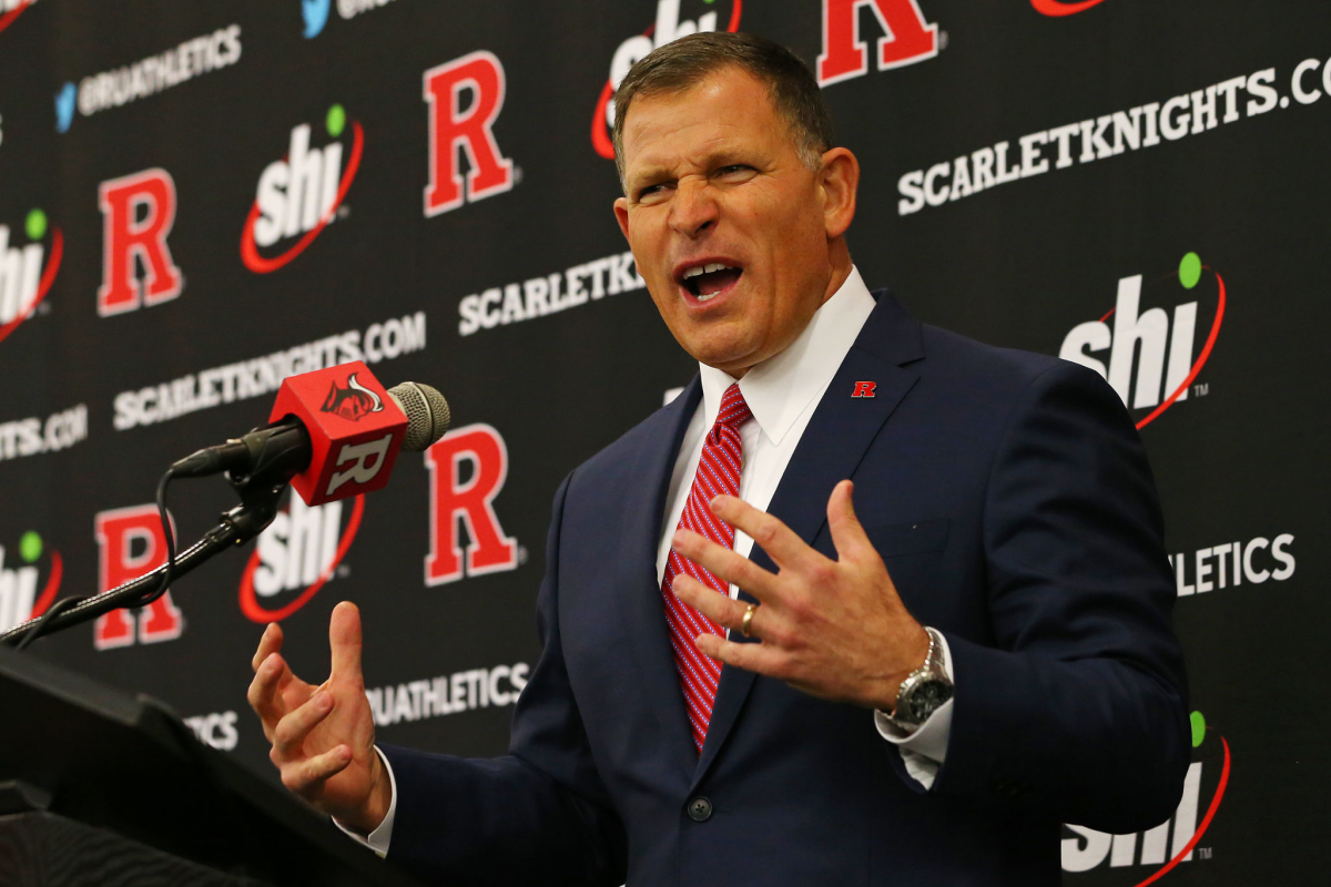 Greg Schiano talks after being introduced as the new coach of the Rutgers Scarlet Knights.