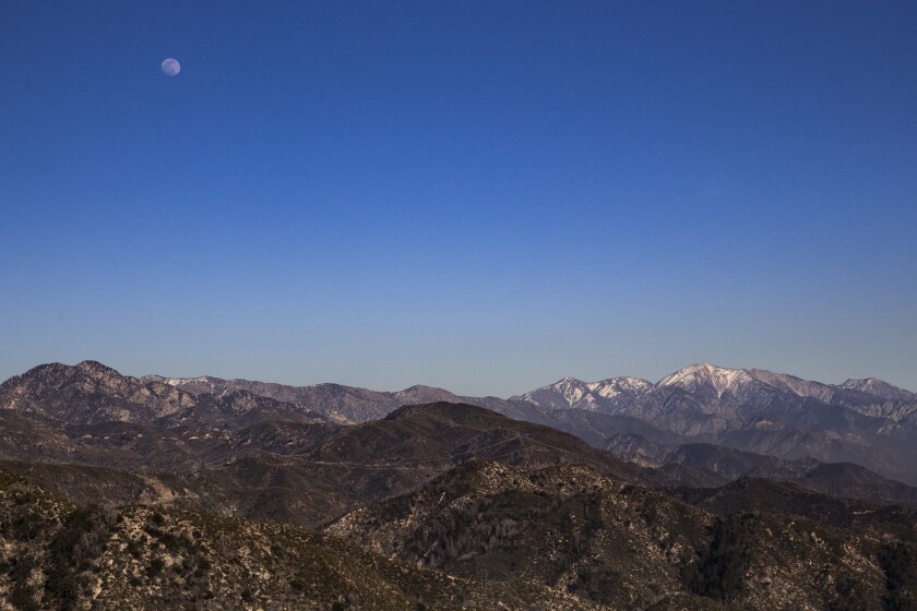 ANGELES NATIONAL FOREST, CALIF. -- THURSDAY, FEBRUARY 6, 2020: View east from road/trail to Mt. Disappointment toward Mt. Baldy and a rising moon in the Angeles National Forest, Calif., on Feb. 6, 2020. A group of surveyors climbed the peak in 1875 thinking it was the highest in the area, but when they reached the top they realized that the next peak over San Gabriel Peak, was even higher. (Brian van der Brug / Los Angeles Times)