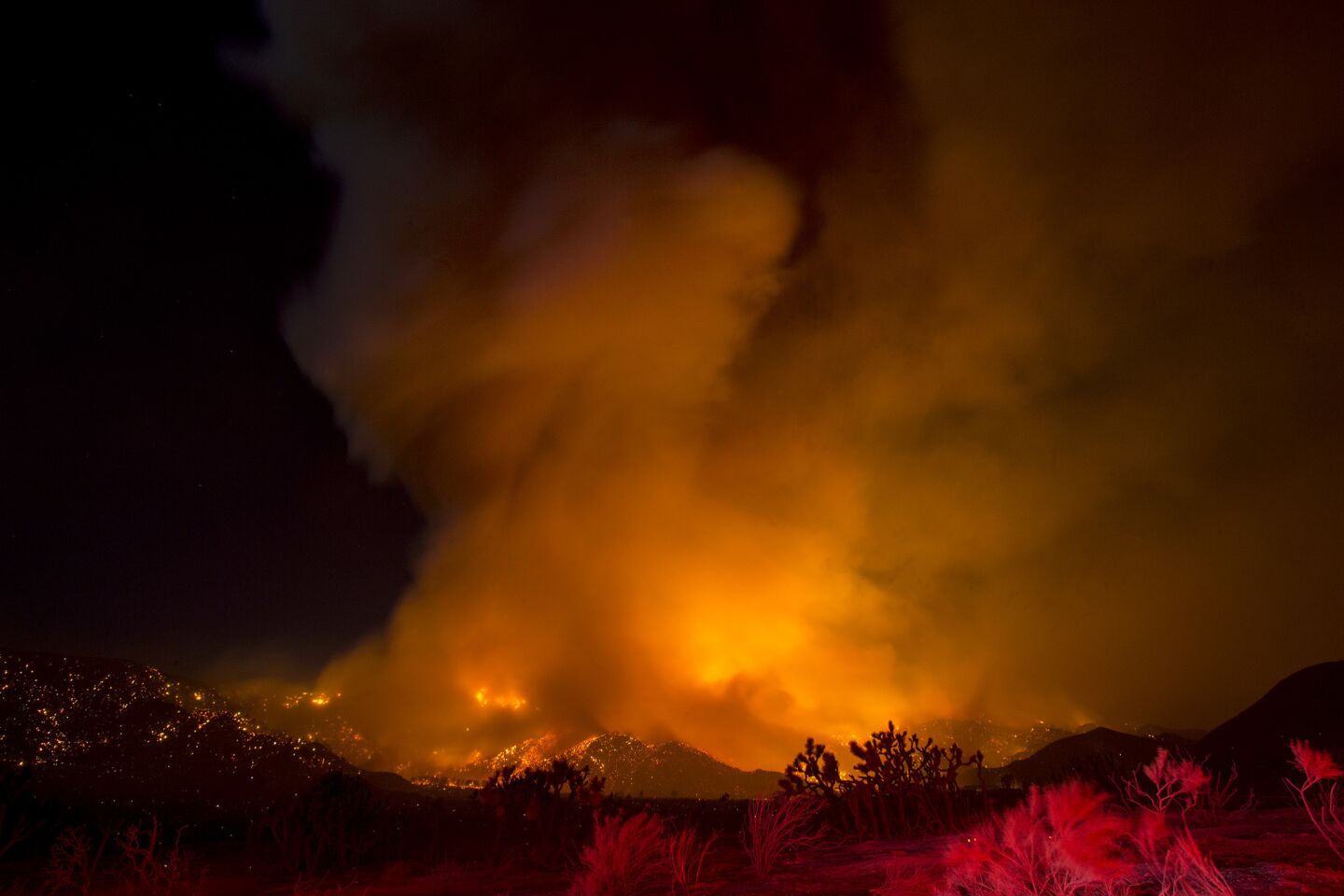 The Blue Cut fire still burns out of control into the evening off Highway 138 in Summit Valley, Calif.