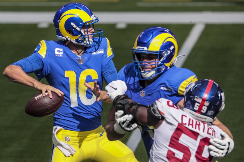 Rams quarterback Jared Goff throws during Sunday's win over the New York Giants at SoFi Stadium in Inglewood.