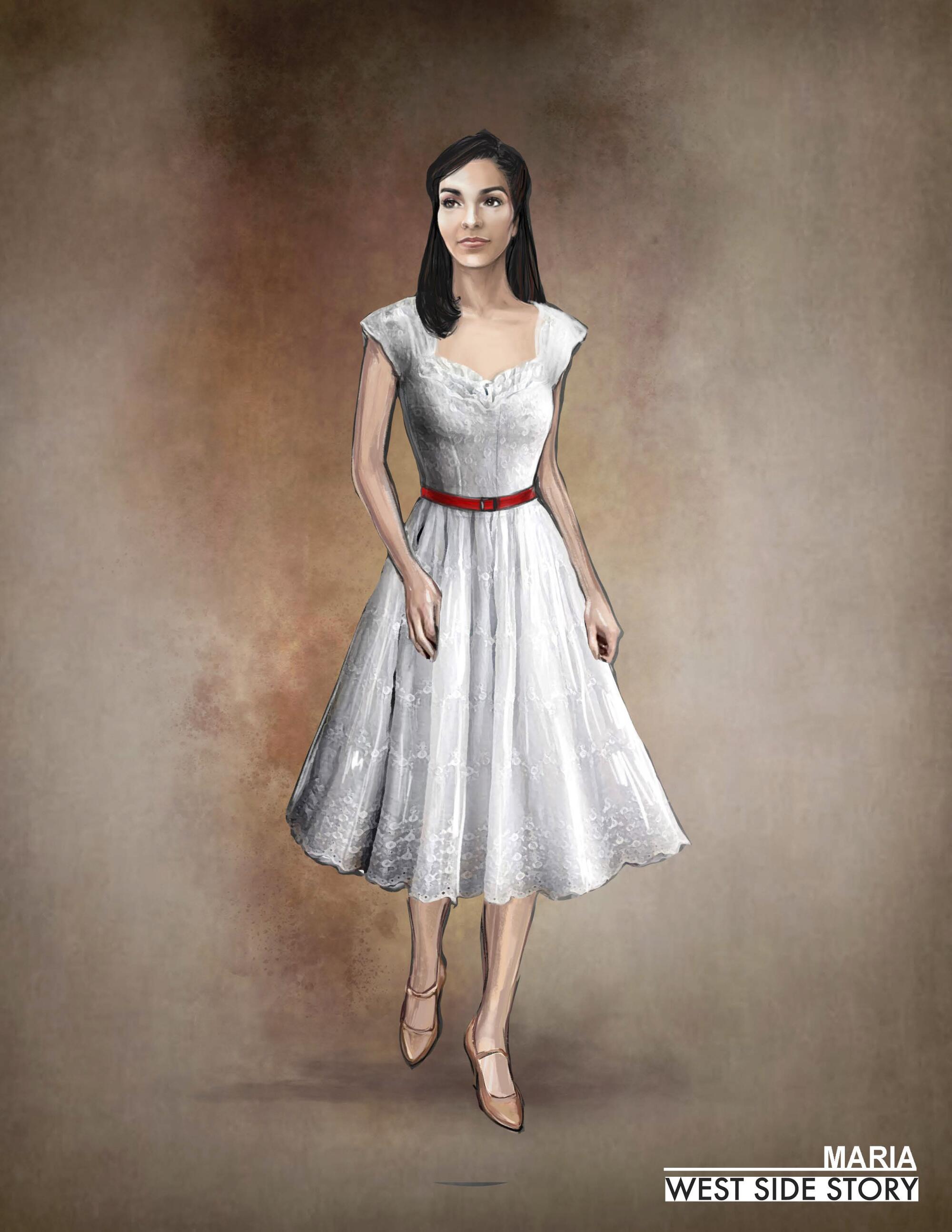 Sketch for Maria's simple white dress costume with a red belt for West Side Story 