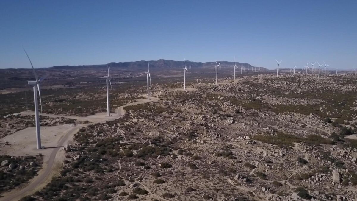 One of the strings of wind turbines generating electricity at the Tule Wind Farm in McCain Valley. The turbines are positioned on an optimum spot on the ridgeline to gather the most wind.