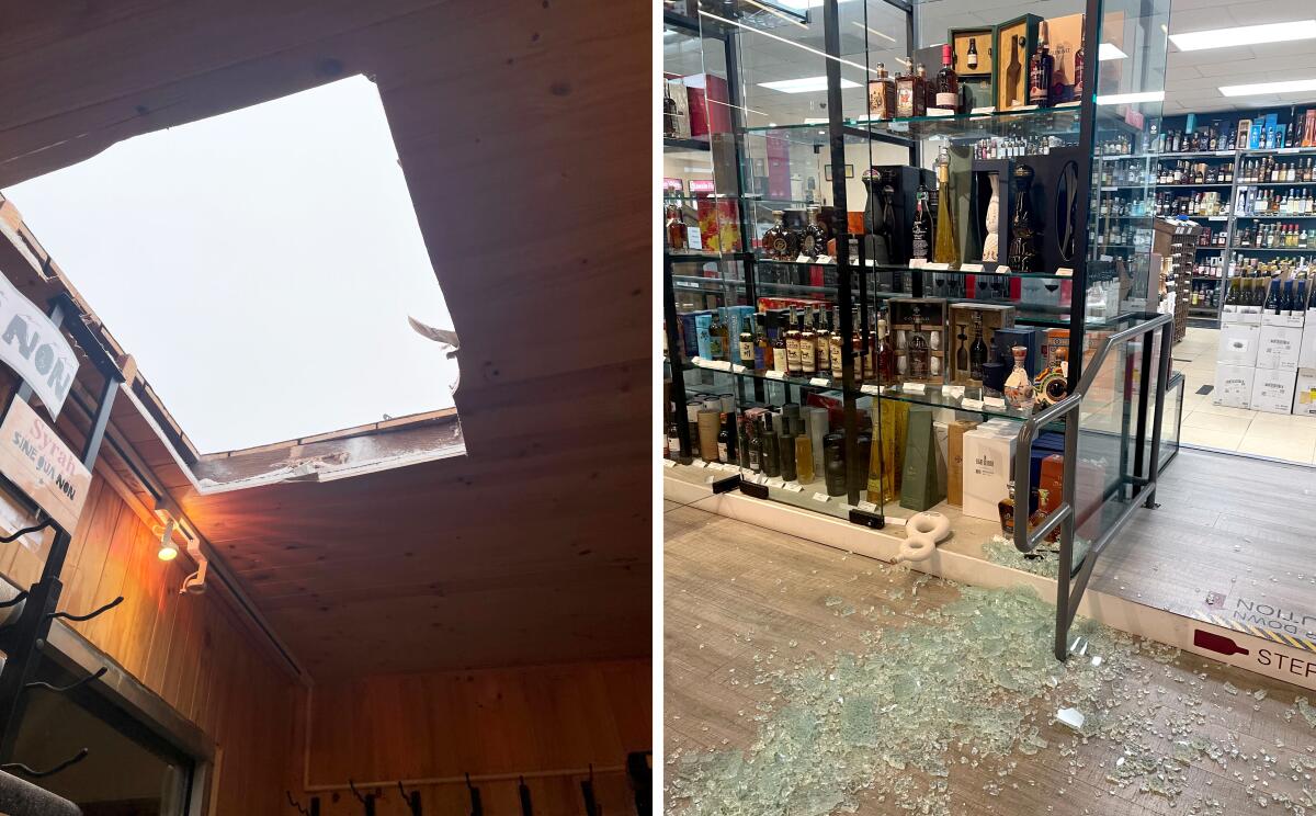 A diptych of a rectangular hole cut in a ceiling, and an interior of wine shop with broken glass on the floor.