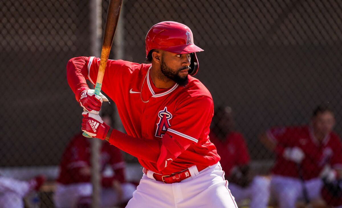 Angels prospect Jo Adell takes an at-bat.
