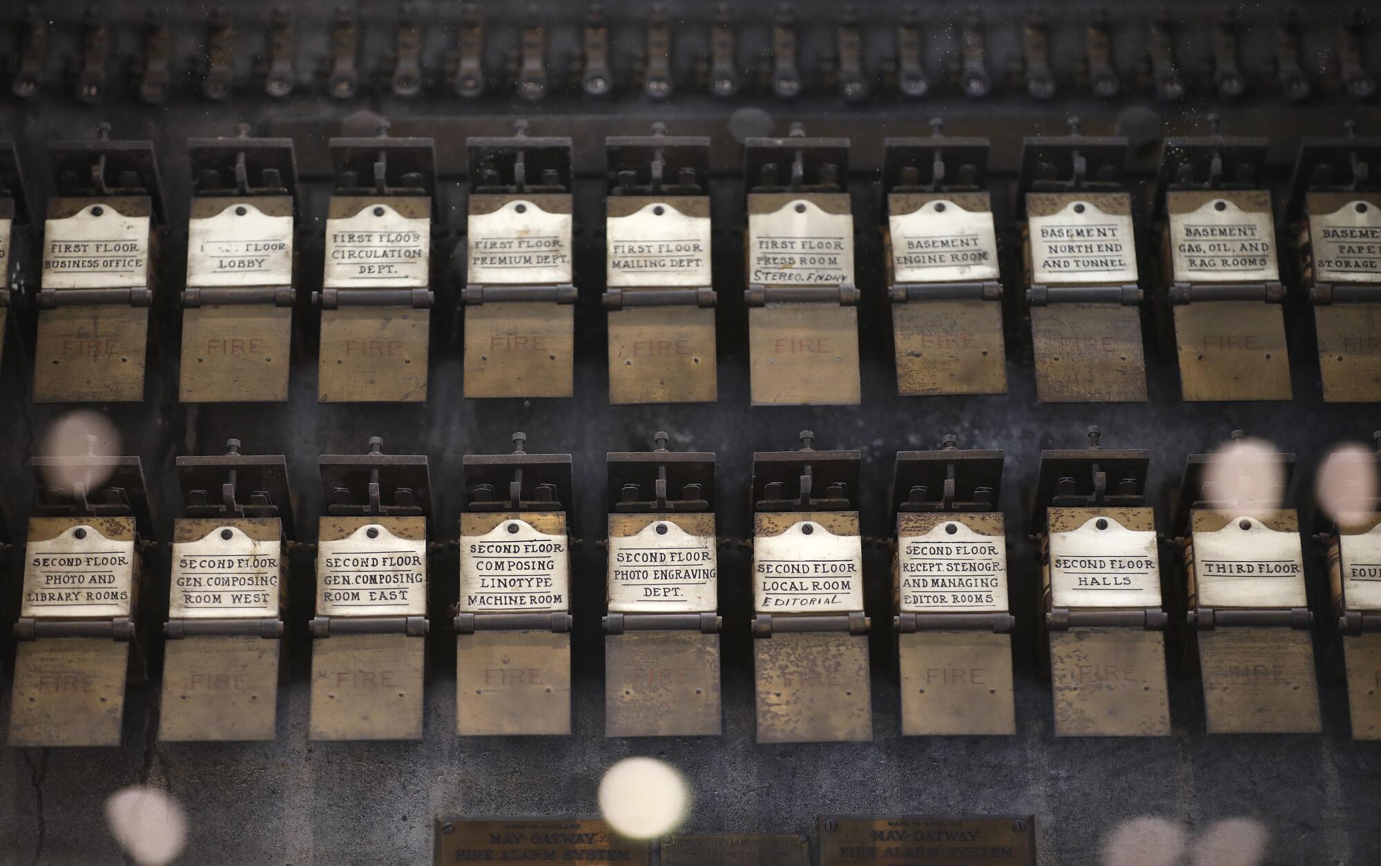 A detail of the original fire alarm system preserved in the historic Herald Examiner Building in Los Angeles