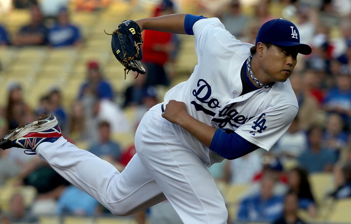 Dodgers starter Hyun-Jin Ryu pitches against the St. Louis Cardinals in June.