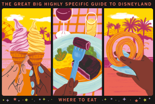 Illustration of two dole whips, a fine dining restaurant steak, and a churro