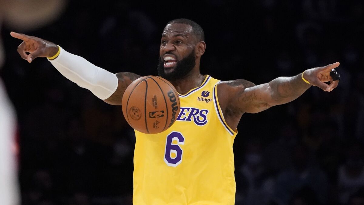 Los Angeles Lakers' LeBron James during an NBA basketball game against the Houston Rockets.