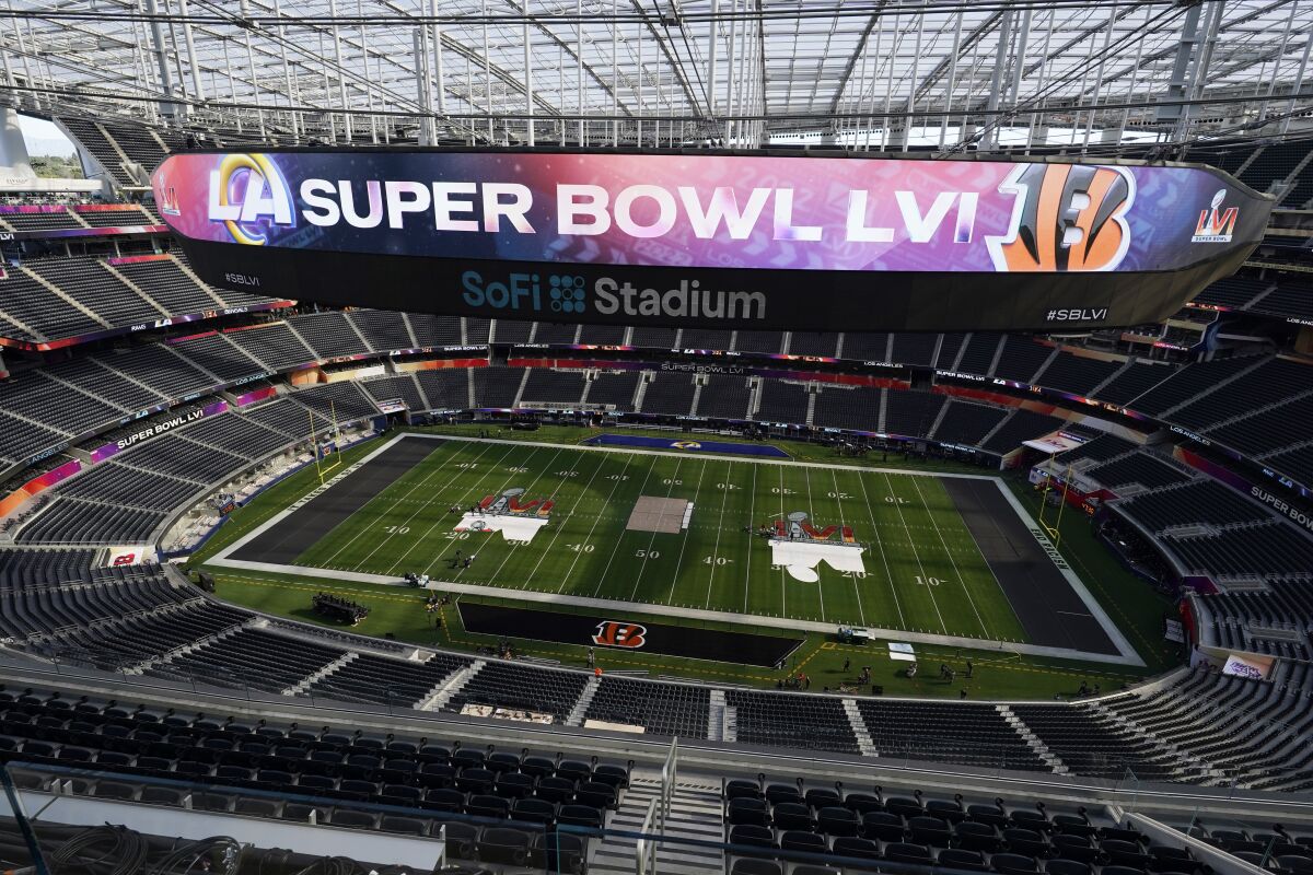 The interior of SoFi Stadium is seen days before today's Super Bowl between the Rams and Bengals.