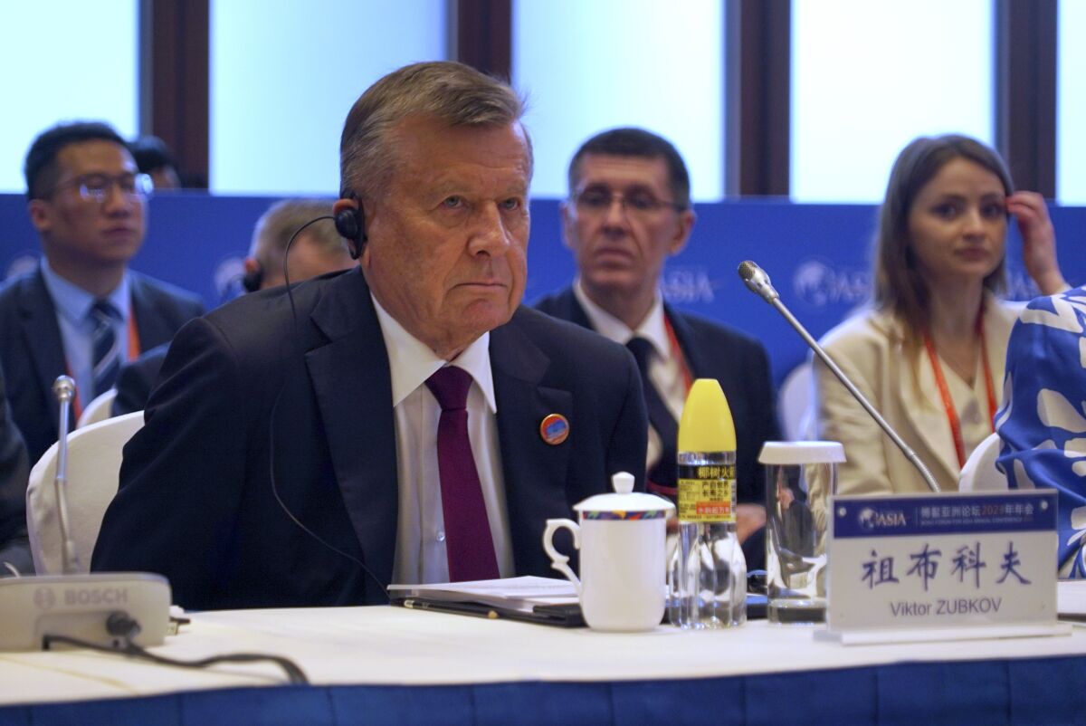 Viktor Zubkov, former Russian Prime Minister and chair of the board of directors of Gazprom, attends a board meeting at the Boao Forum for Asia in Boao in southern China's Hainan Province, Wednesday, March 29, 2023. The forum runs through March 31. (AP Photo/Dake Kang)