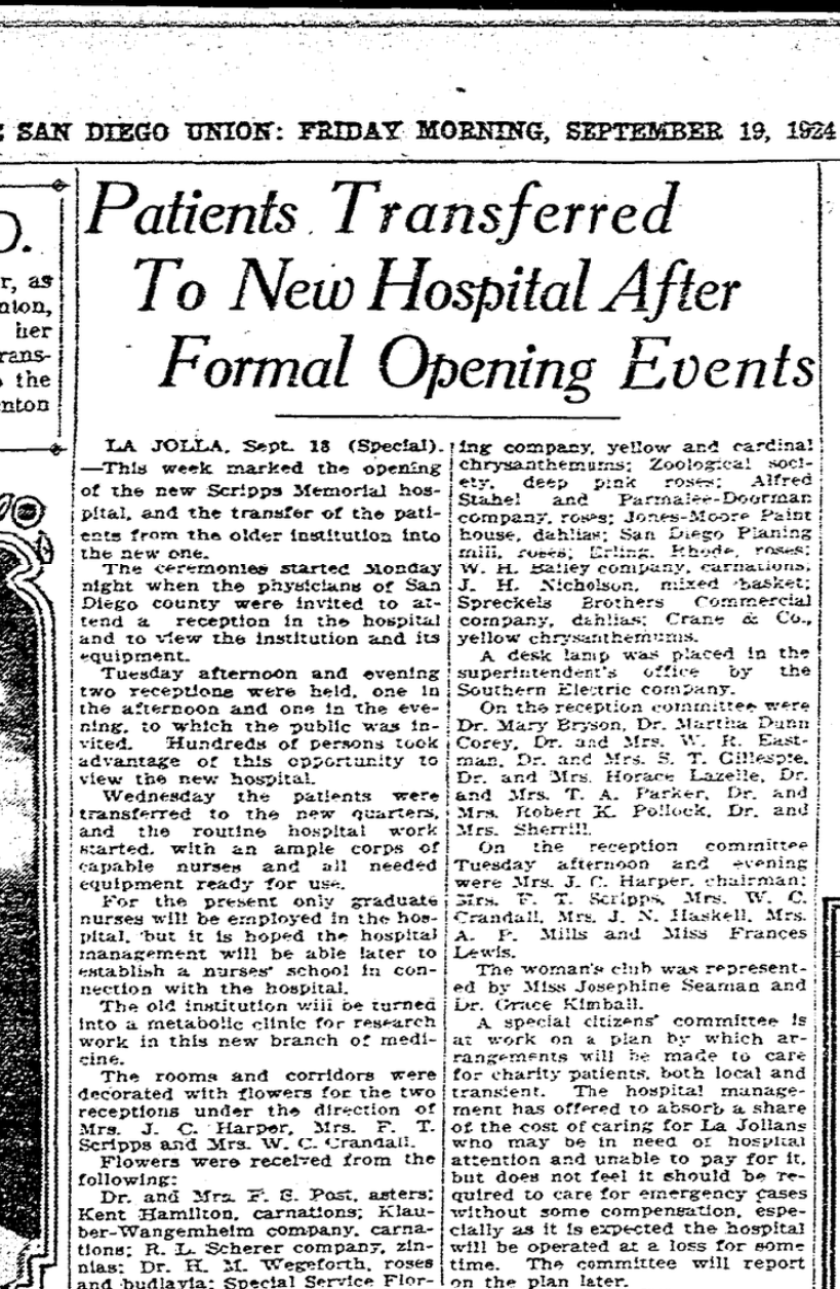 A San Diego Union article reported on the opening of the original Scripps Memorial Hospital La Jolla on Prospect Street.
