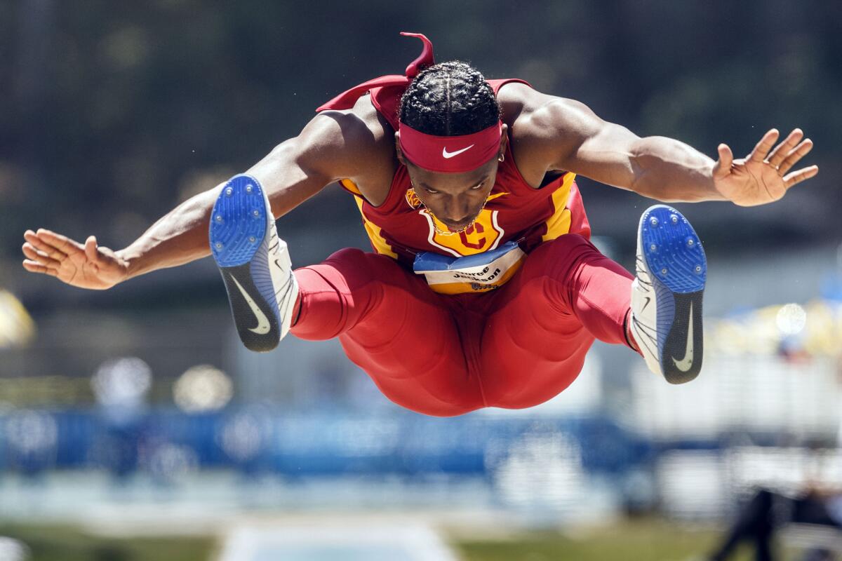 USC sophomore Adoree' Jackson competes in the men's long jump during the UCLA vs. USC Track and Field dual meet at Drake Stadium. Jackson won the event.