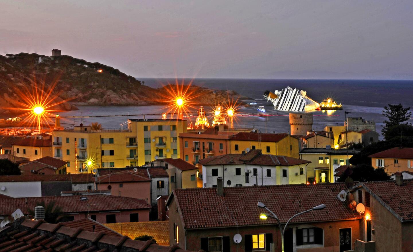 The wreck of the Costa Concordia, which ran aground Jan. 13 just outside Giglio's harbor.