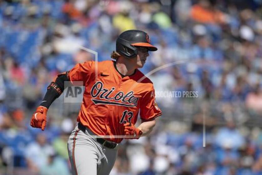 Baltimore Orioles outfielder Heston Kjerstad runs the bases during a baseball game against the Toronto Blue Jays, Tuesday, March 19, 2024, in Dunedin, Fla. (Mark Taylor/The Canadian Press via AP)