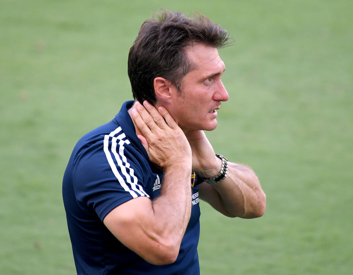 LOS ANGELES, CALIFORNIA - AUGUST 22: Los Angeles Galaxy head coach Guillermo Barros Schelotto reacts.
