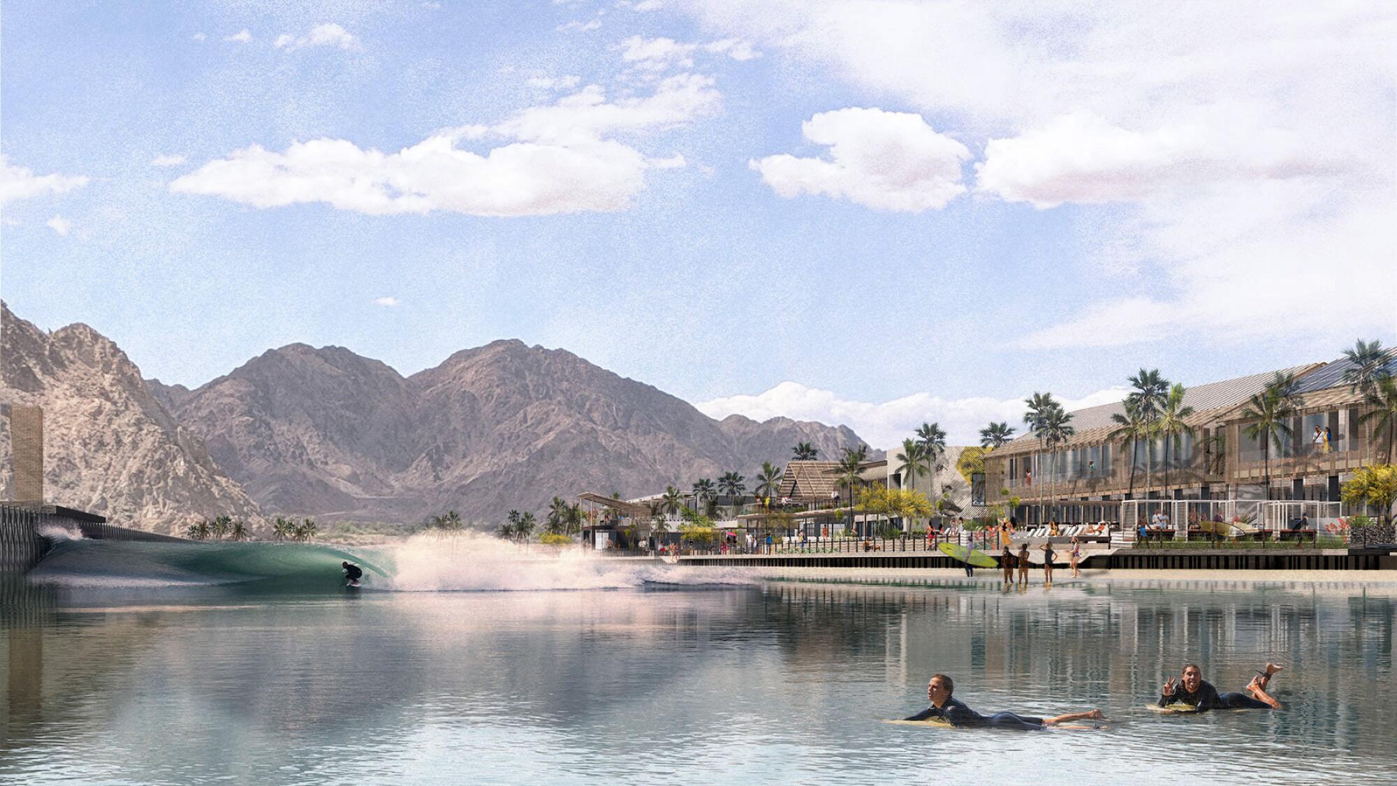 A rendering shows the wave basin at the proposed Coral Mountain resort in La Quinta.