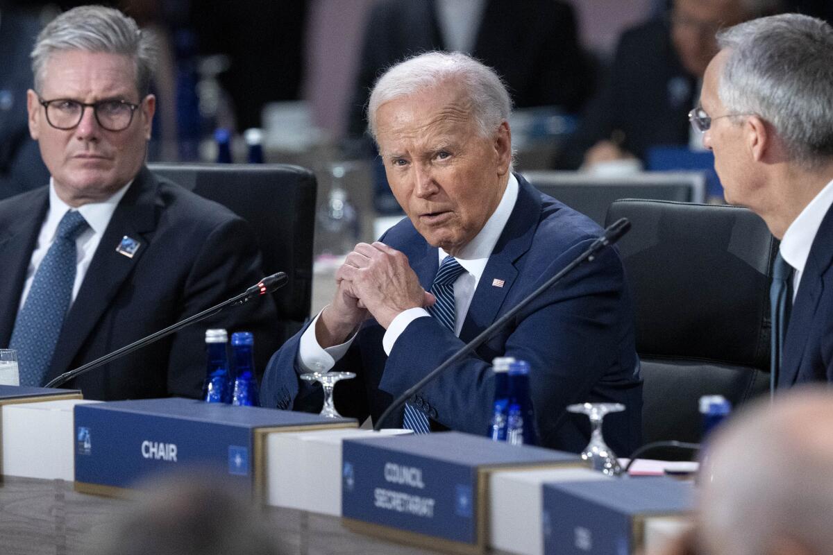 President Biden makes opening remarks during the NATO summit in Washington on Wednesday.