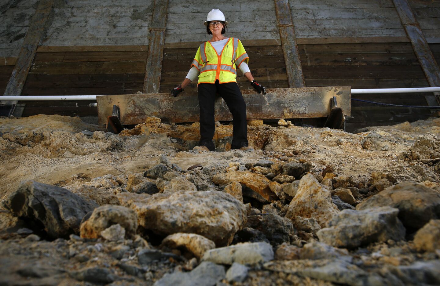 Geologist Rosalind Munro of AMEC, a geotechnical consulting firm, at the Wilshire Grand tower construction site in downtown L.A. Before construction started, Munro went down a borehole eight stories deep to verify the stability of the building site.