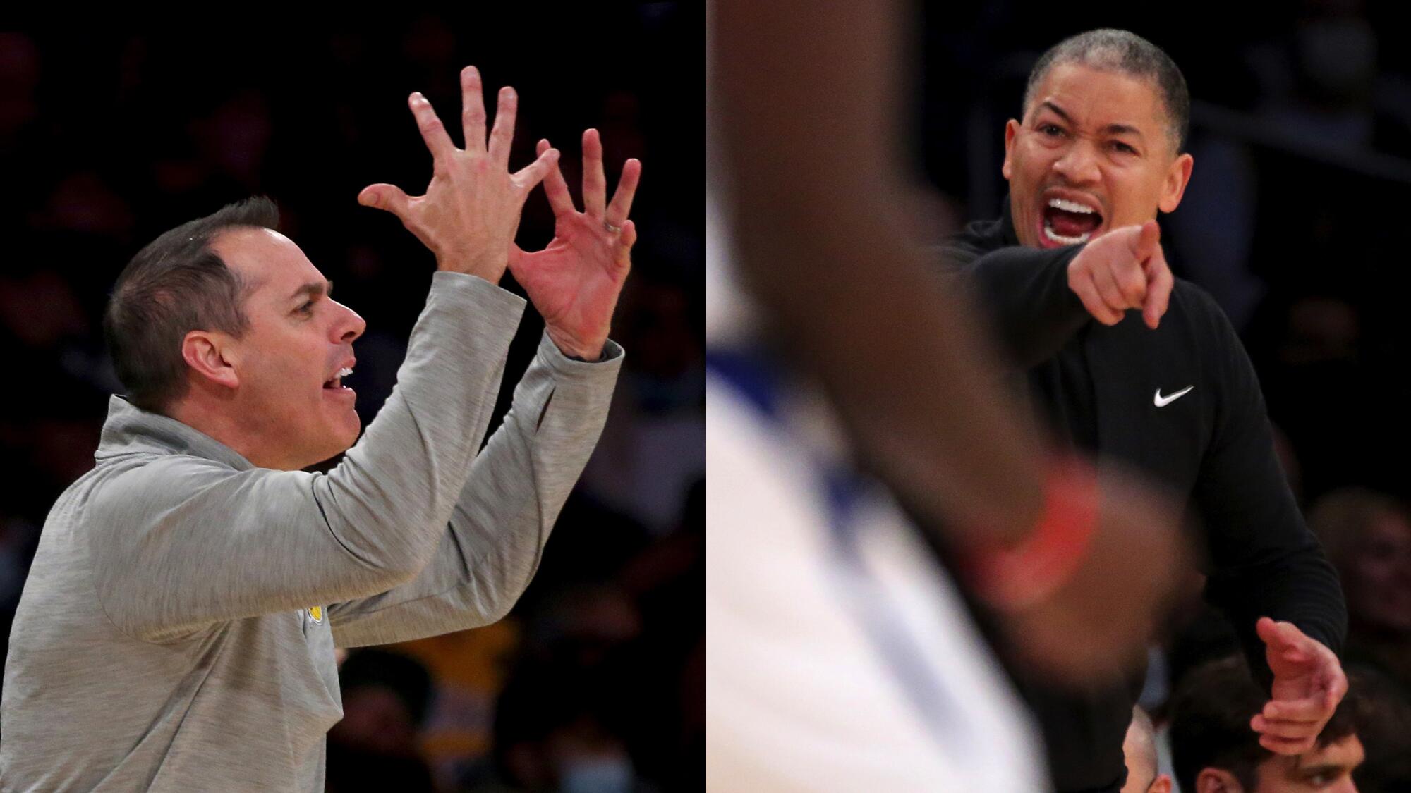 Lakers coach Frank Vogel and Clippers coach Tyronn Lue react during Friday's game.