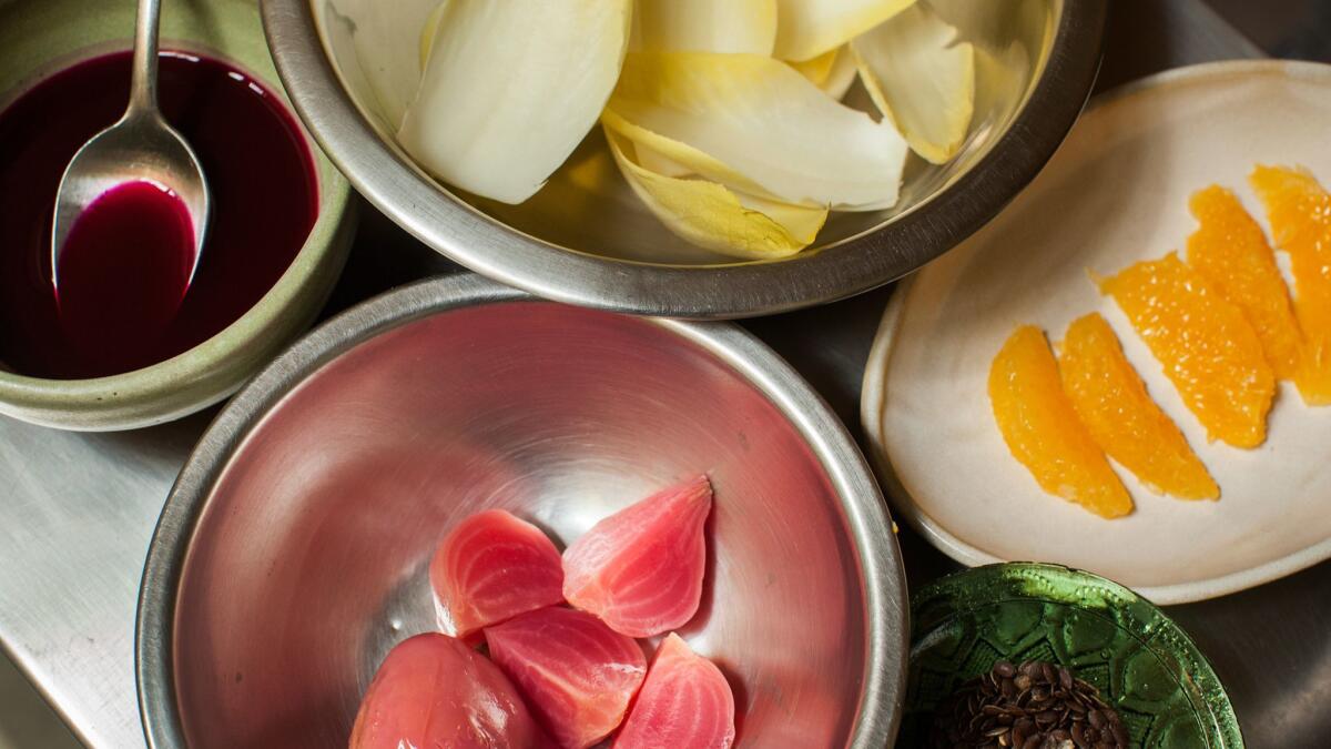 Ingredients to make Reygadas’ dish of endives, beets, orange and pink pepper, a recipe included in her book.
