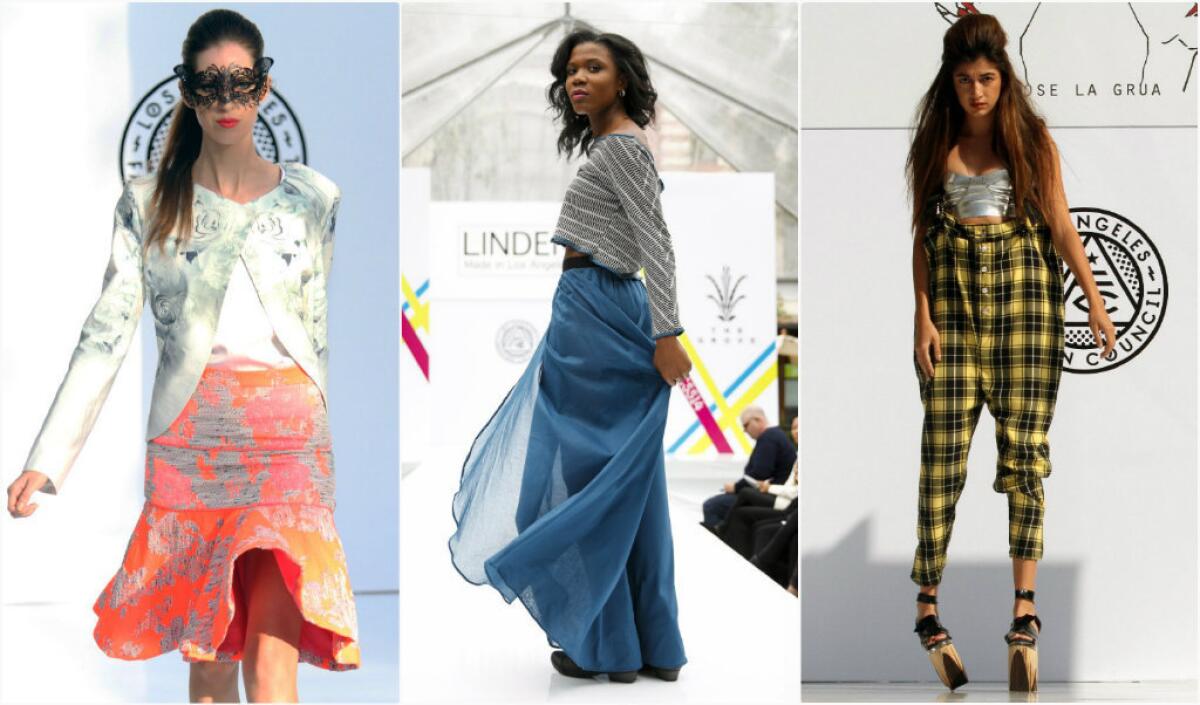 Spring-summer 2014 runway looks by Los Angeles-based Katharine Kidd, from left, Linden and Rose La Grua, three of the labels that the Los Angeles Fashion Council is set to showcase in Tokyo on March 17.
