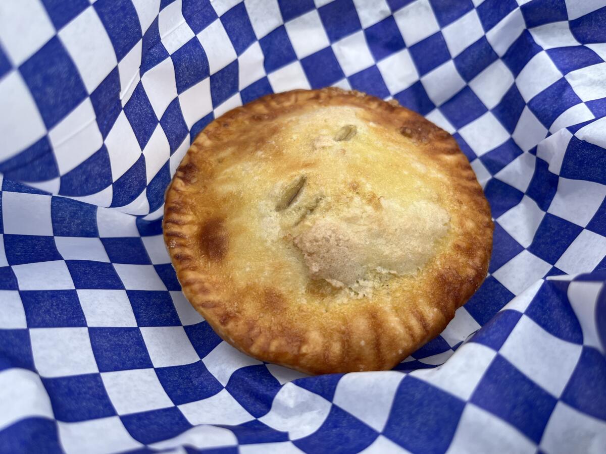 A mini apple pie from In Your Face Pies at the 2023 San Diego County Fair.