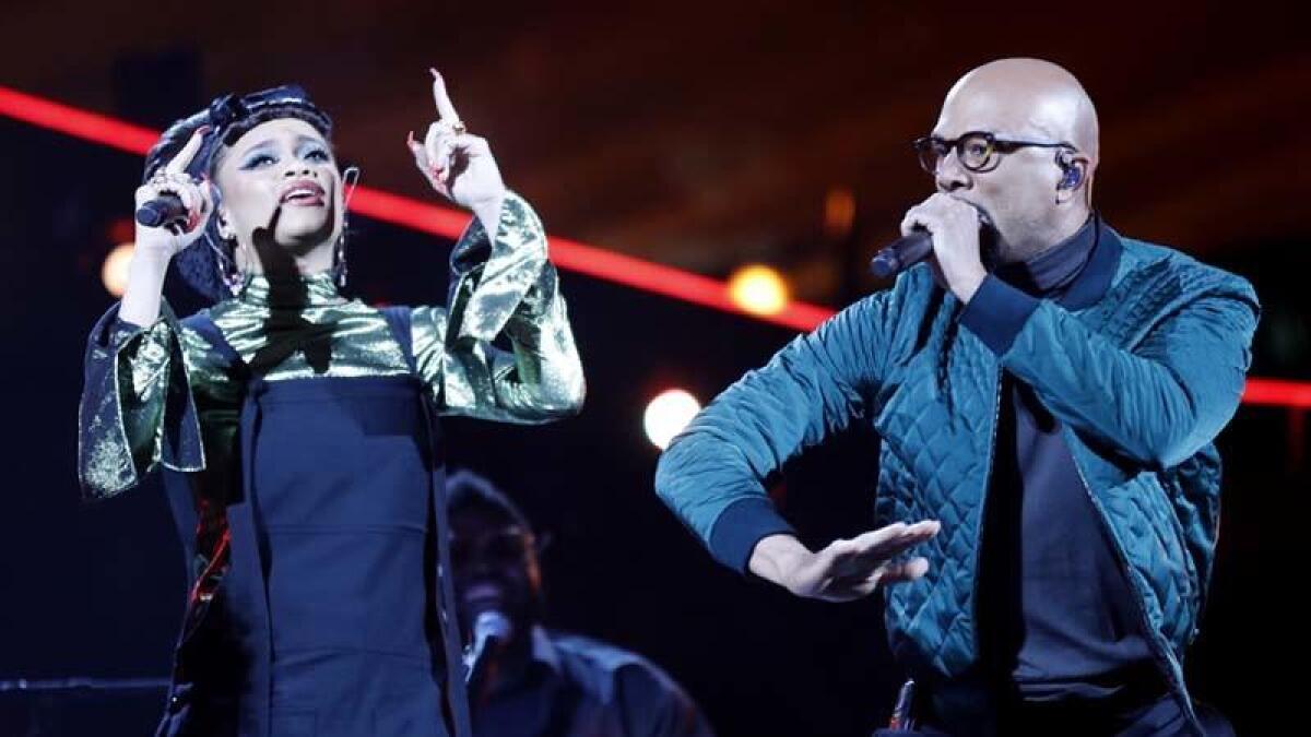 Andra Day, left, and Common perform during the 2018 NBA All-Star Game in February.