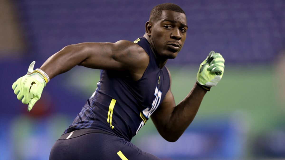 Iowa defensive back Desmond King participates in a drill at the NFL combine in March.