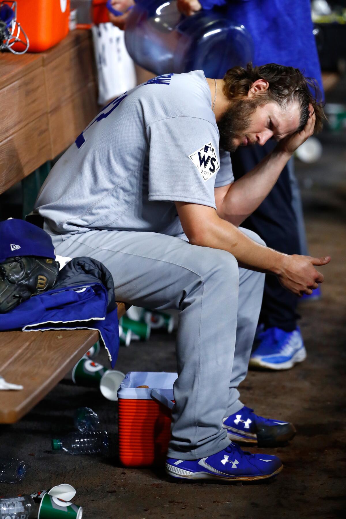 Clayton Kershaw reacts after exiting the game during the fifth inning.