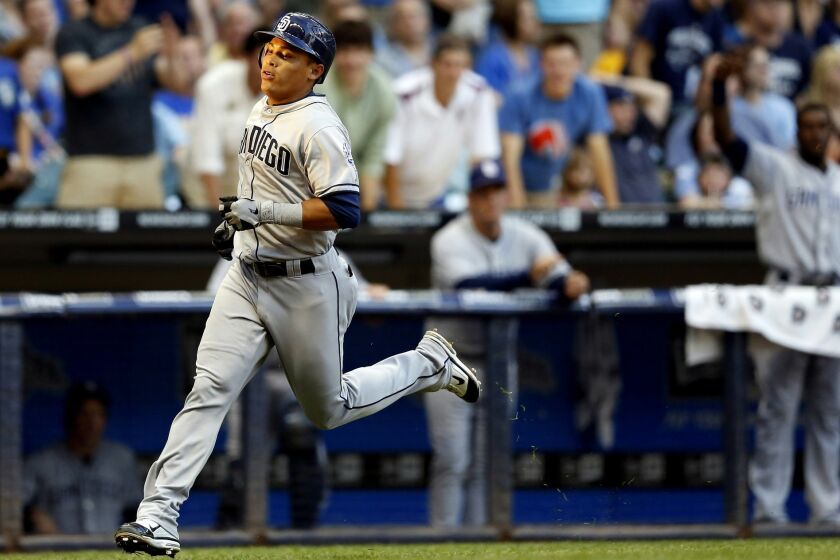 Everth Cabrera races home with an inside-the-park home run June 8 in Milwaukee.