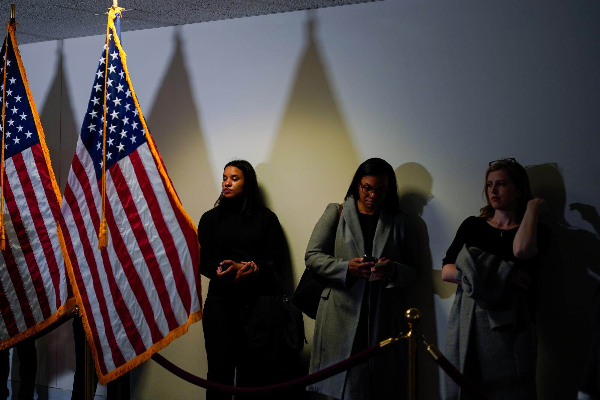 Two U.S. flags and a line of people