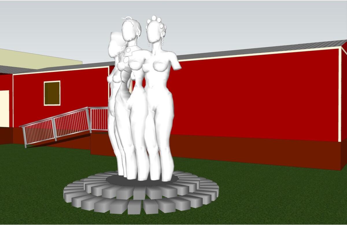 A rendering for "The Mothers of Gynecology" sculpture shows three nude women's bodies, without arms, on a pedestal.
