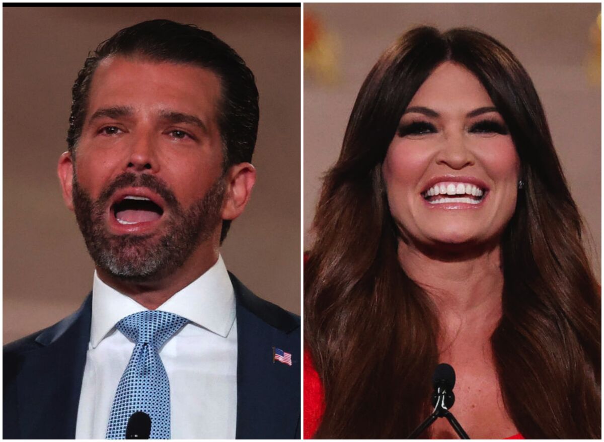 Donald Trump Jr. and Kimberly Guilfoyle speak during the first night of the Republican National Convention.