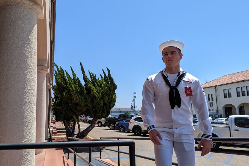 Seaman Recruit Ryan Mays, 21, approaches the Naval Base San Diego courthouse after on Wednesday, August 17, 2022.