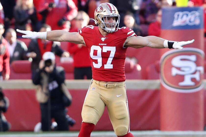SANTA CLARA, CALIFORNIA - JANUARY 11: Nick Bosa #97 of the San Francisco 49ers reacts to a broken up pass play during the third quarter against the Minnesota Vikings during the NFC Divisional Round Playoff game at Levi's Stadium on January 11, 2020 in Santa Clara, California. (Photo by Sean M. Haffey/Getty Images)