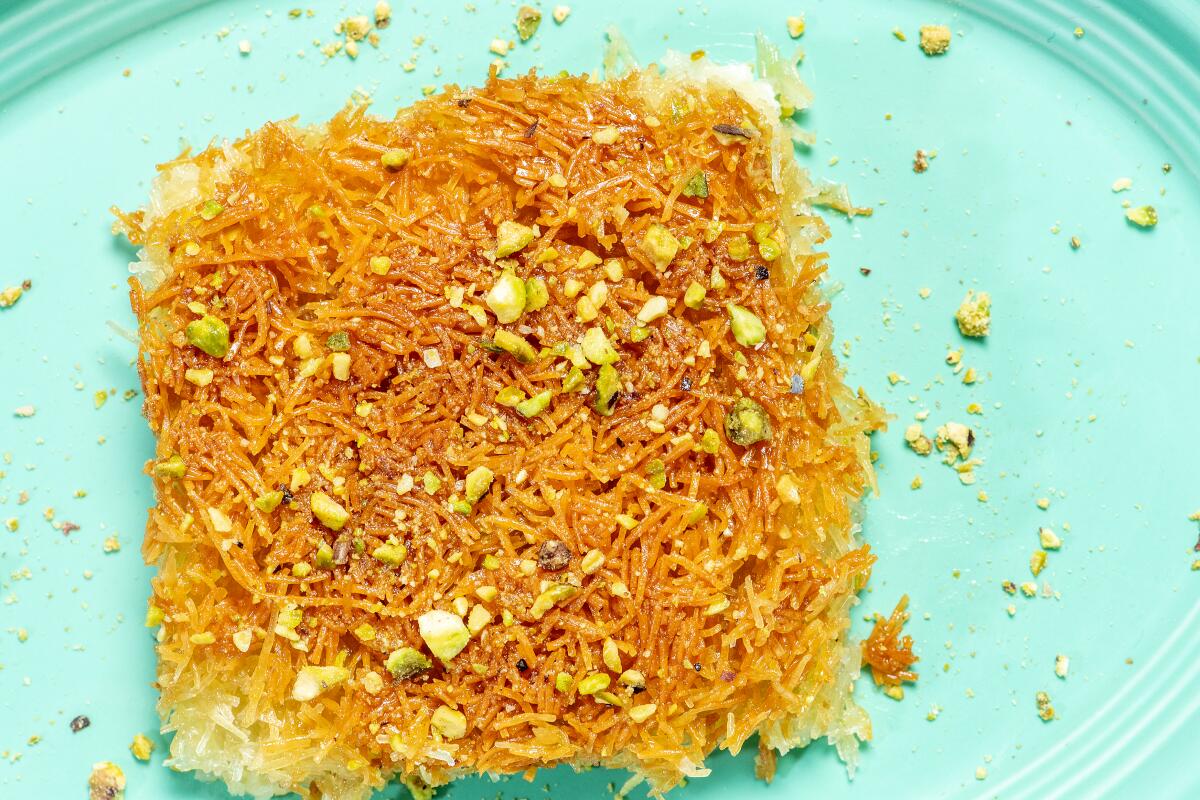 Knafeh Nabulseyeh, a Palestinian version of the popular Levantine pastry, from "Falastin" by Sami Tamimi and Tara Wigley.
